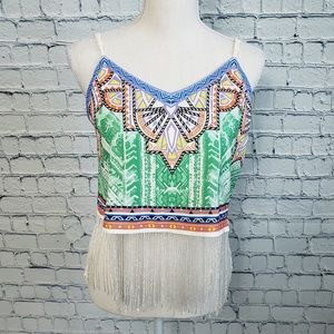 Sleeveless Crop Top with Fringe Tribal Print